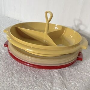 Vintage Tupperware Red & Harvest Yellow Suzette Divided Dish Set 5pc